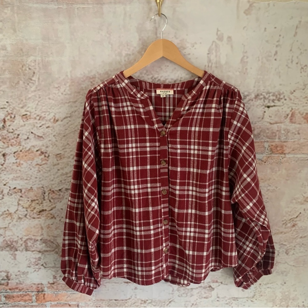 Andree by Unit Burgundy Plaid Button-Front Top